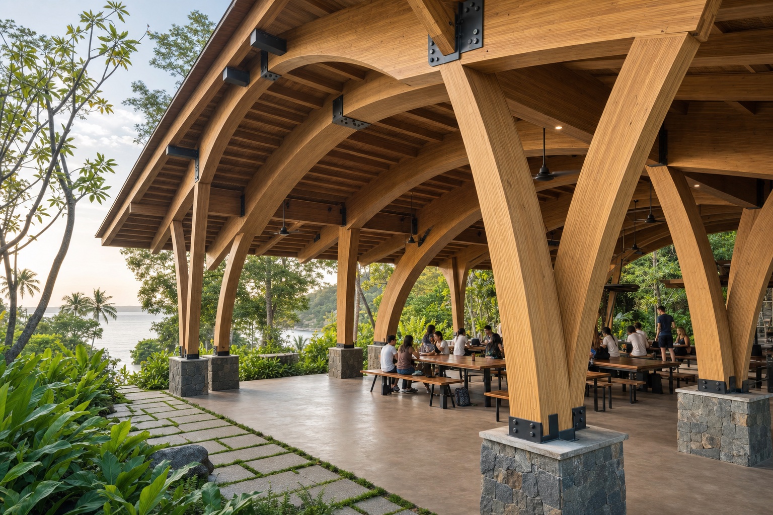 Illustrative Engineered Bamboo & Low-Carbon Structural Components application: Shaded facade and roof structures