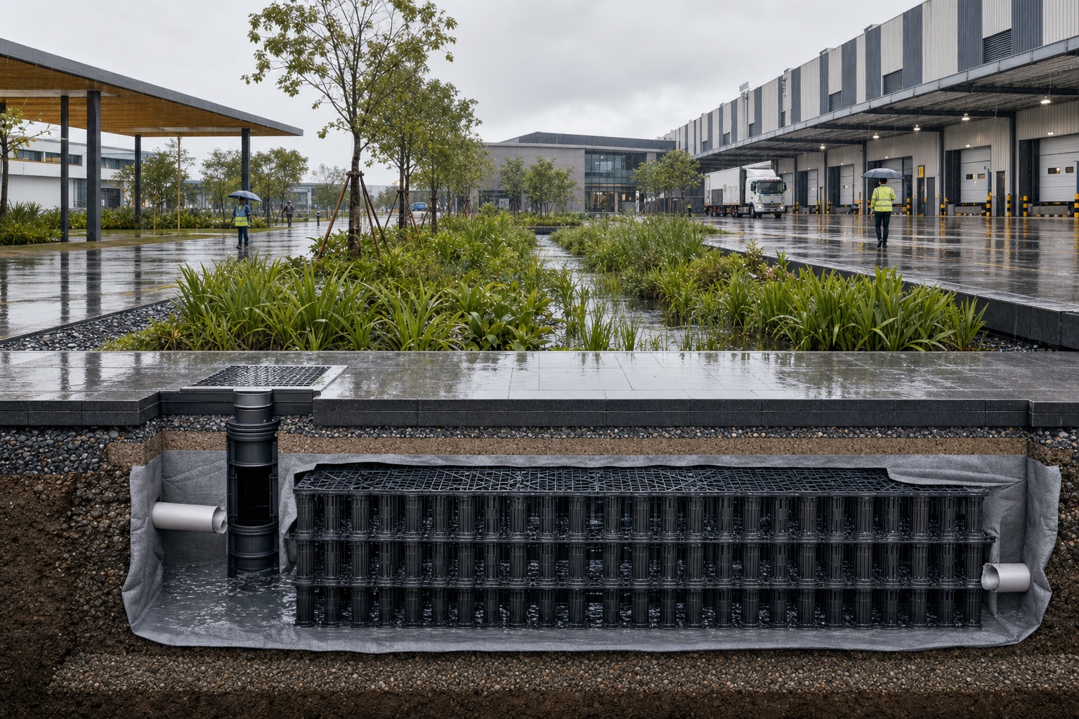 Illustrative Sponge City & Resilient Underground Drainage application: Large campuses and logistics sites