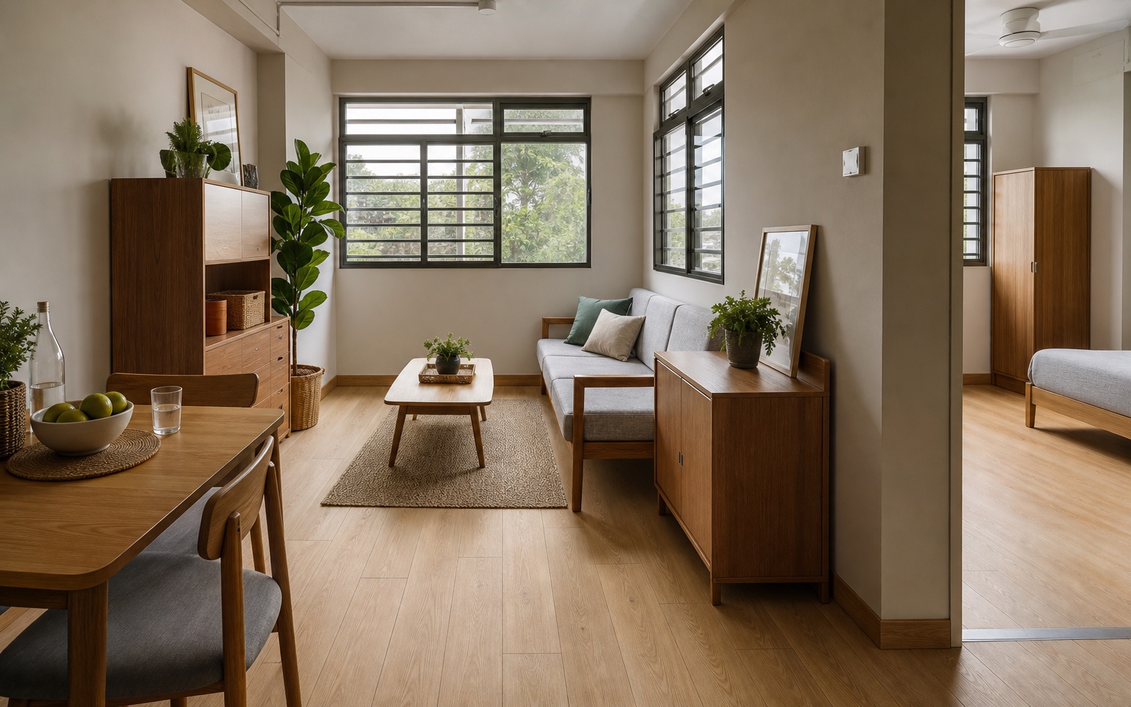 Durable oak-look SPC flooring in a dignified affordable-housing apartment