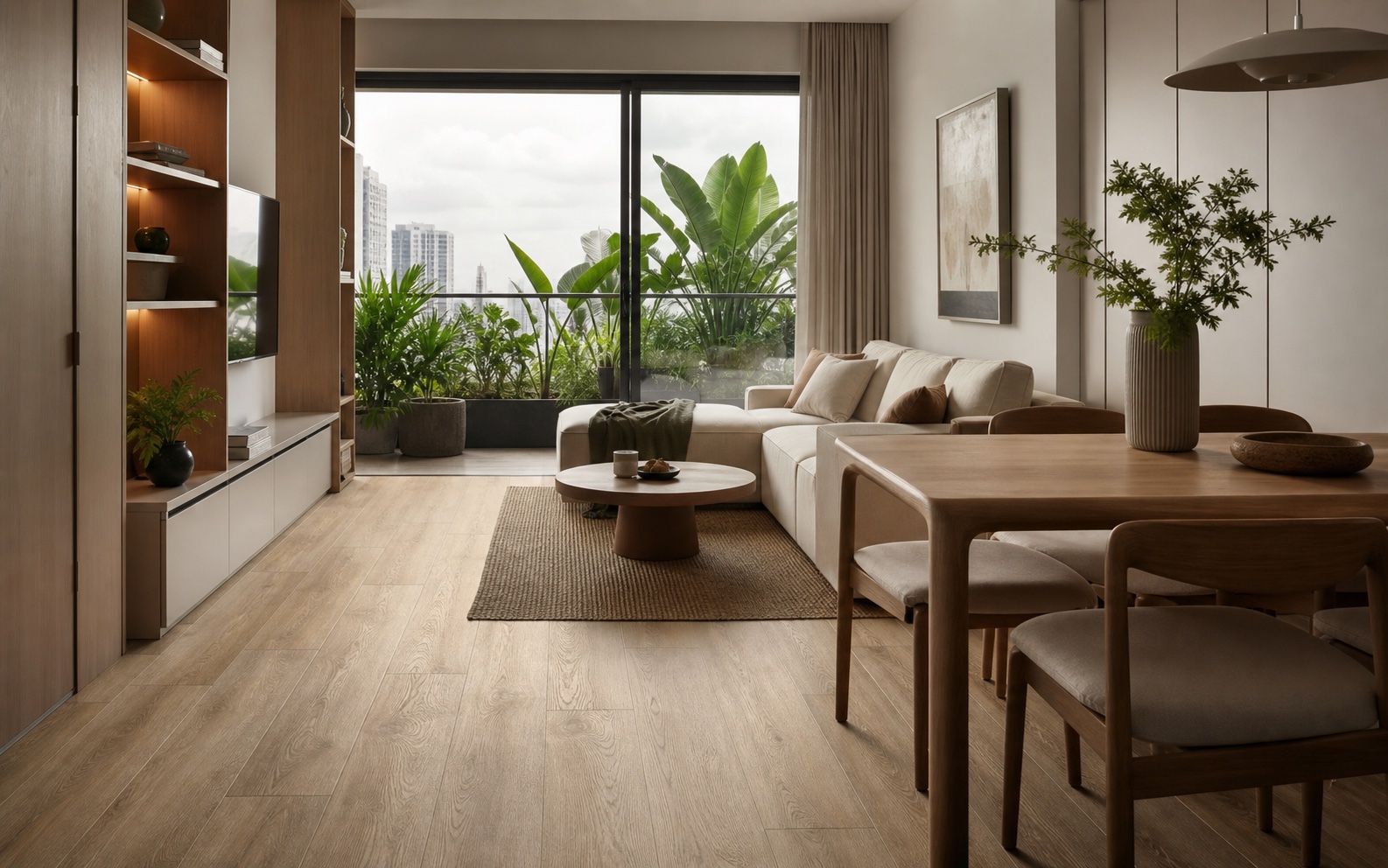Natural oak SPC flooring in a compact tropical apartment