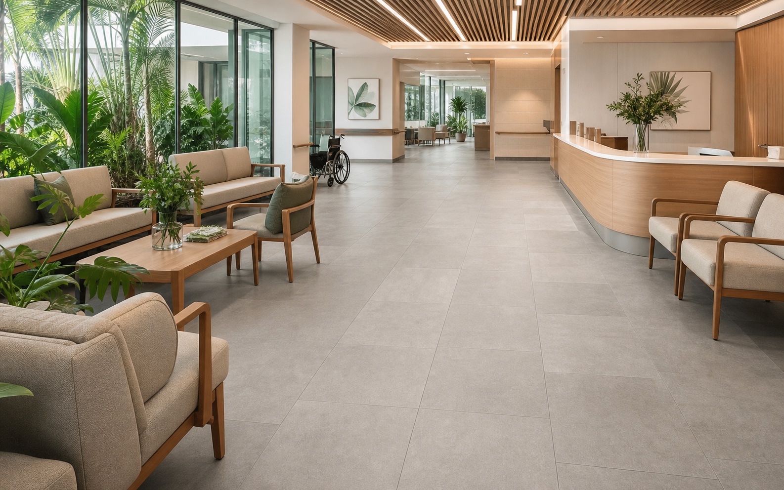 Stone-look SPC floor in a hospital administration and waiting lounge