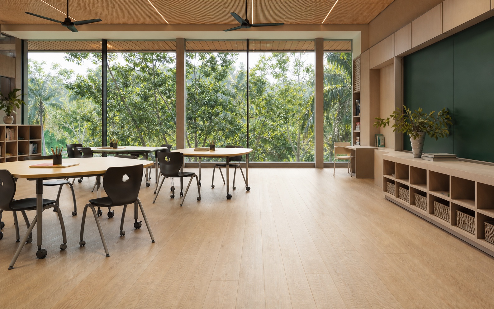 Pale oak SPC flooring in a shaded tropical classroom
