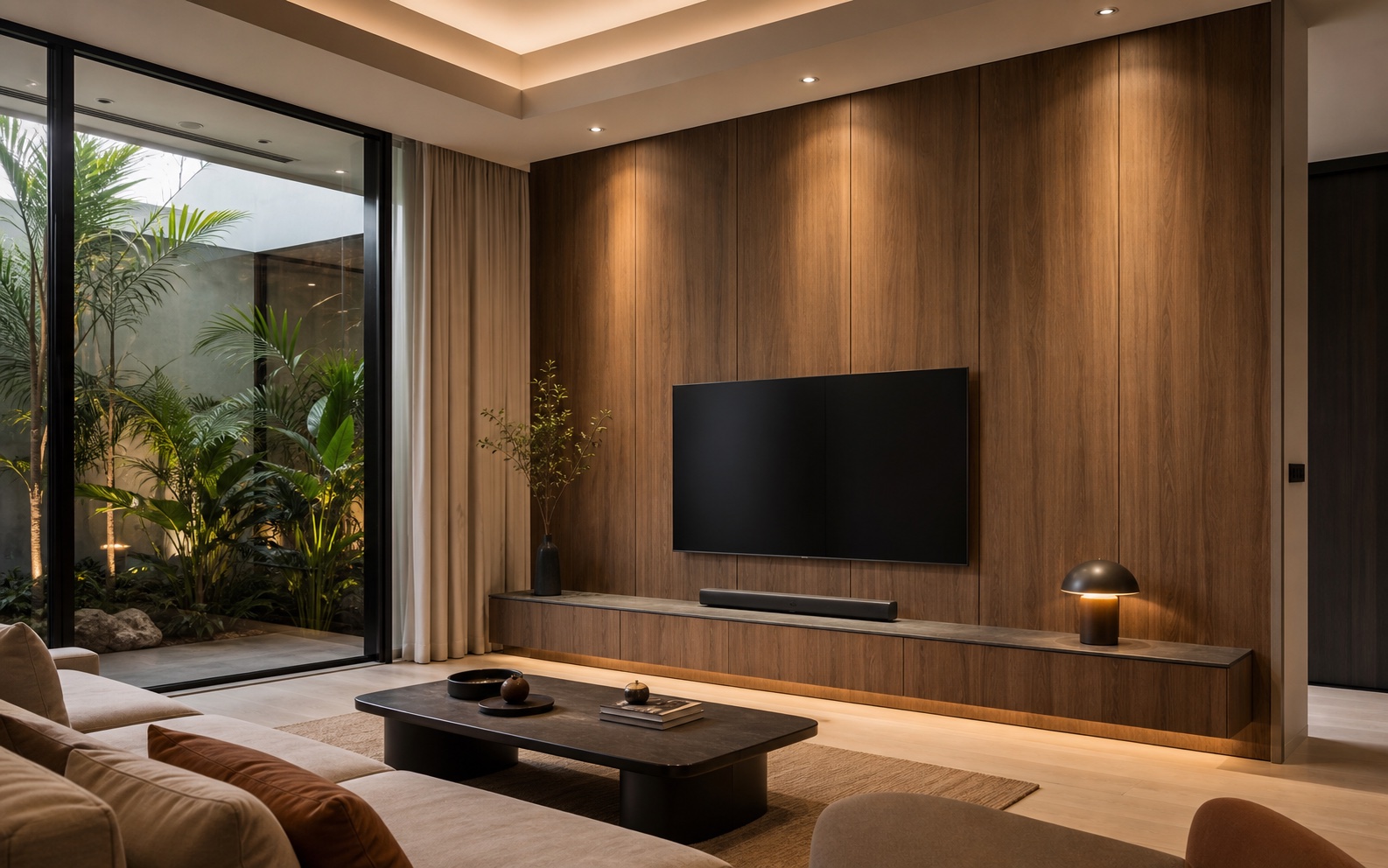 Walnut-look SPC wall panel feature in an apartment living room