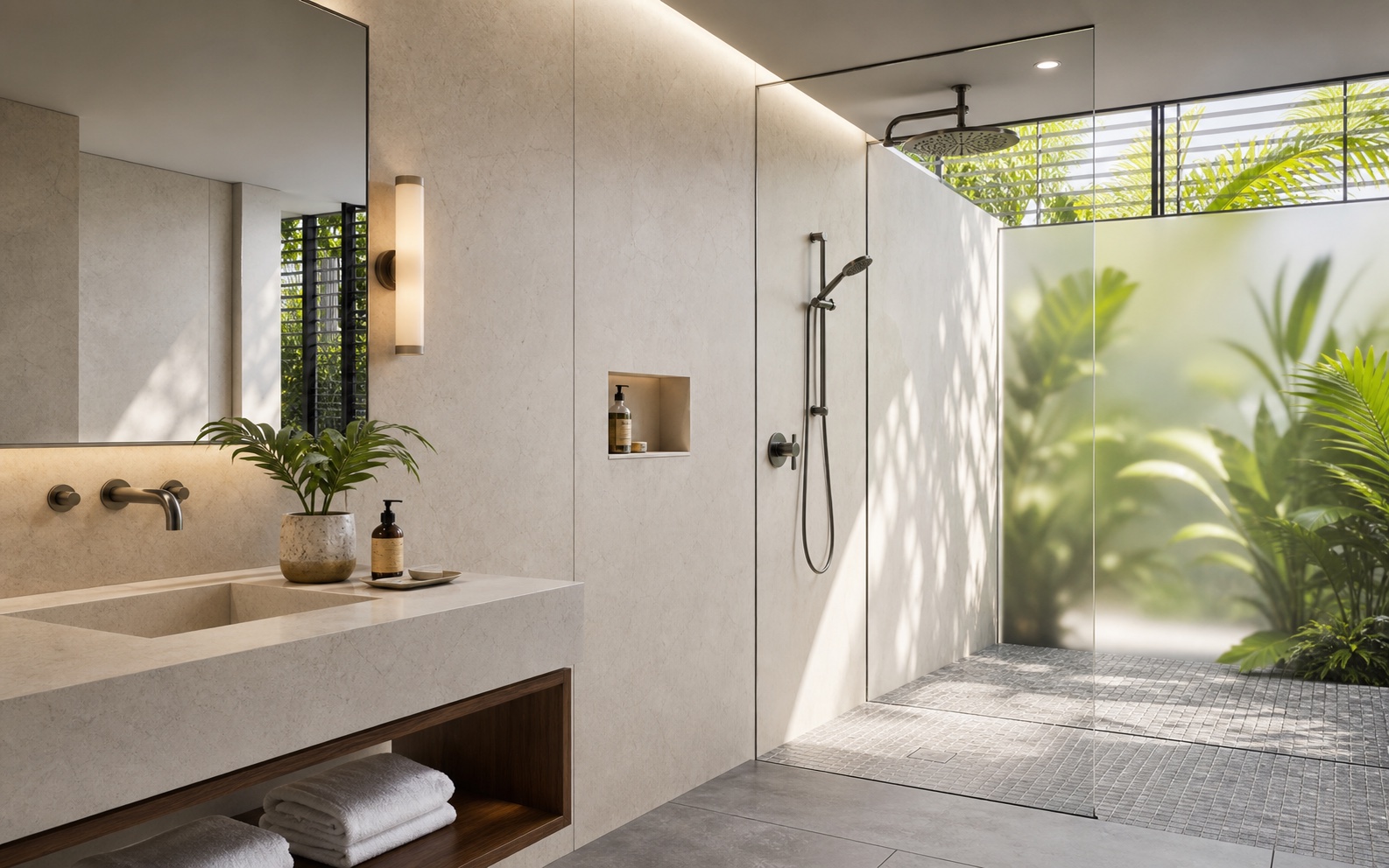 Purpose-designed sealed SPC wall panels in a hotel bathroom and shower