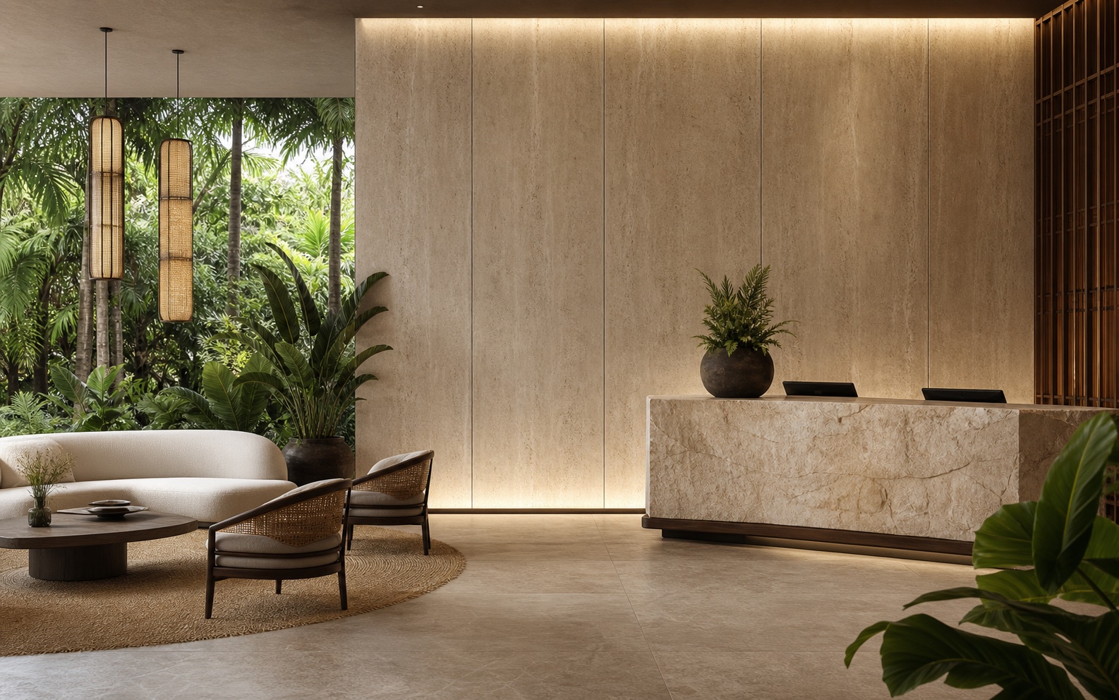 Travertine-look SPC wall panel system in a tropical hotel lobby