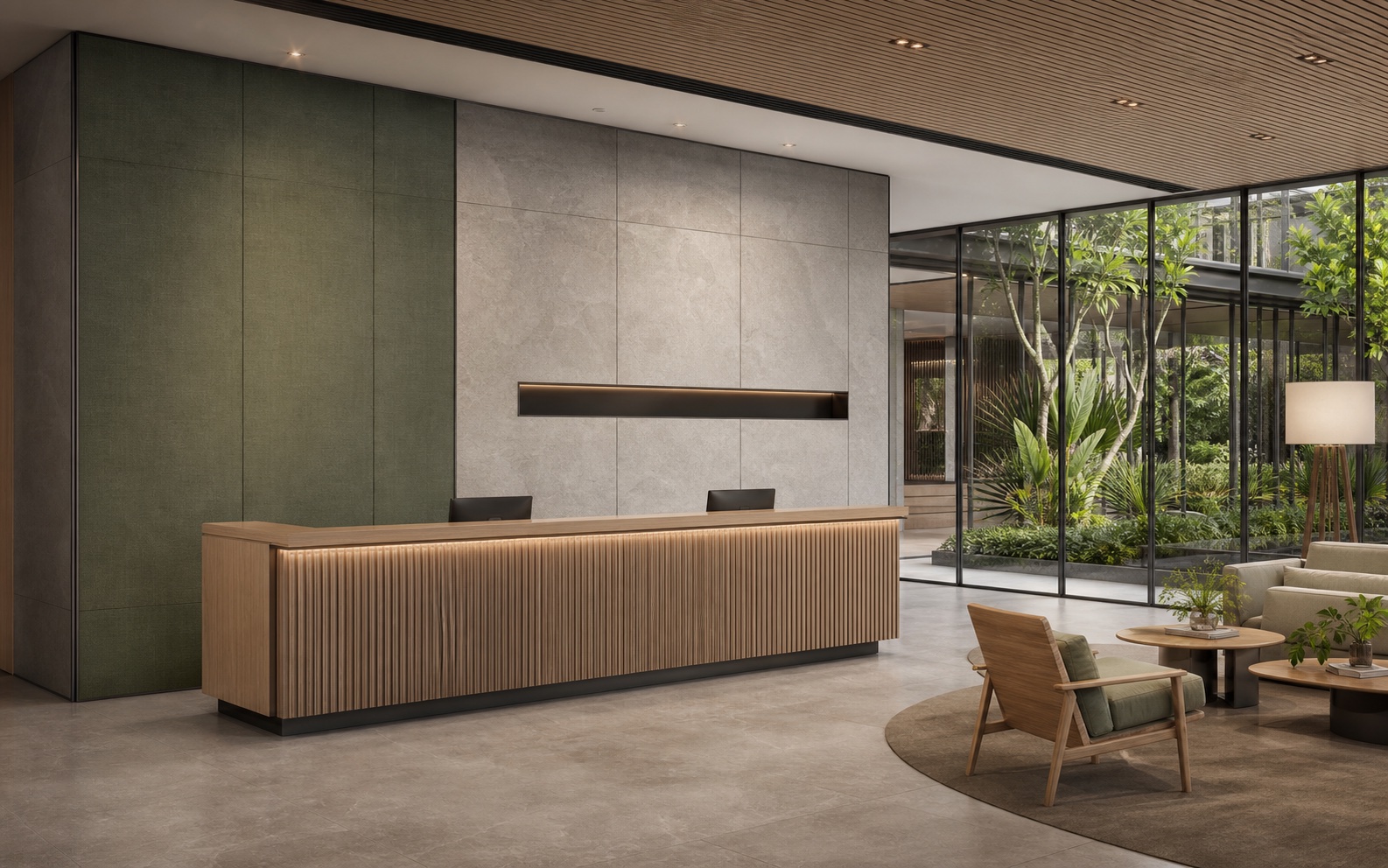 Stone and textile-look SPC wall panels in a tropical office reception